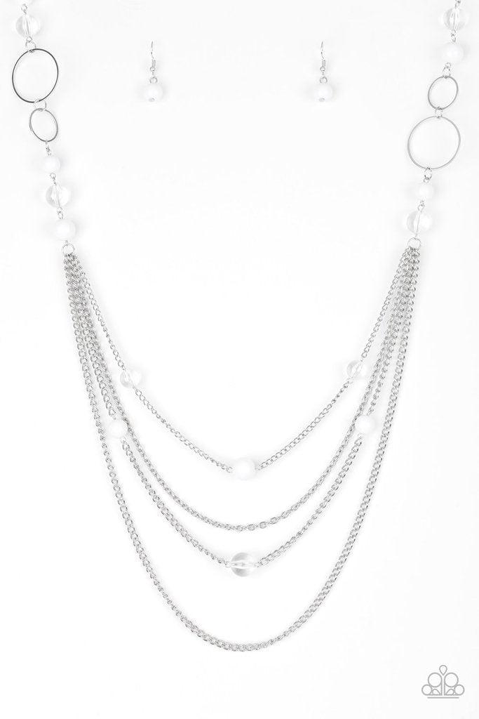 Paparazzi Accessories Bubbly Bright - White Infused with shimmery silver hoops, glassy and polished white beads trickle along glistening silver chains for a bubbly look. Features an adjustable clasp closure.Sold as one individual necklace. Includes one pa