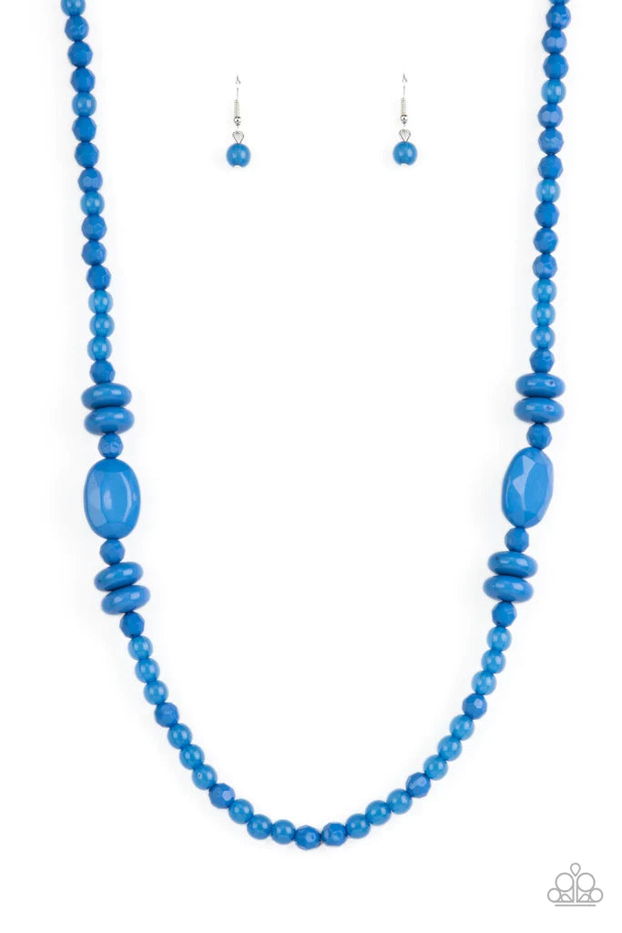 Paparazzi Accessories Tropical Tourist - Blue Varying in size, shape, and opacity, a refreshingly blue collection of cloudy and solid acrylic beads drapes across the chest for a playful pop of color. Features an adjustable clasp closure. Sold as one indiv