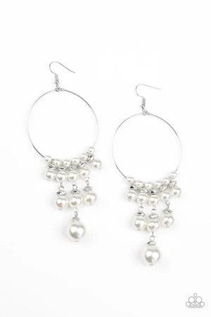 Paparazzi Accessories Working The Room - White Tiers of faceted silver beads and bubbly white pearls dangle from the bottom of a dainty silver wire hoop, creating an elegant fringe. Earring attaches to a standard fishhook fitting. Sold as one pair of earr