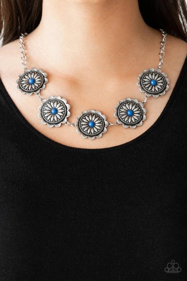 Paparazzi Accessories Me-Dallions, Myself, and I - Blue Infused with bright blue beaded centers, ornate floral stamped frames link below the collar for a colorfully, seasonal look. Features an adjustable clasp closure. Sold as one individual necklace. Inc