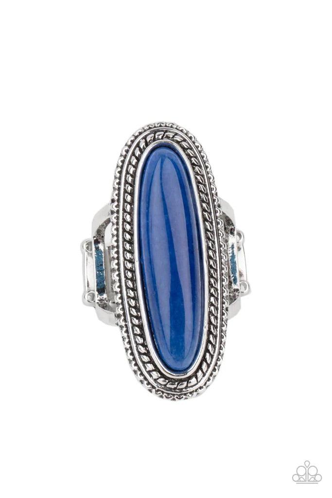 Paparazzi Accessories Stone Healer - Blue An oblong lapis lazuli stone is pressed into the center of a textured silver frame, dramatically dipping down the finger for a statement making stone fashion. Features a stretchy band for a flexible fit. Sold as o