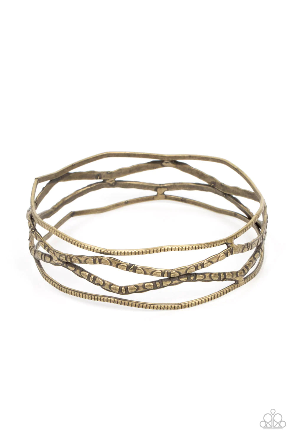 Paparazzi Accessories A Narrow ESCAPADE - Brass Textured and embossed in nature inspired patterns, rustic brass bars zigzag around the wrist as they stack into a wildly layered bangle. Sold as one individual bracelet. Jewelry
