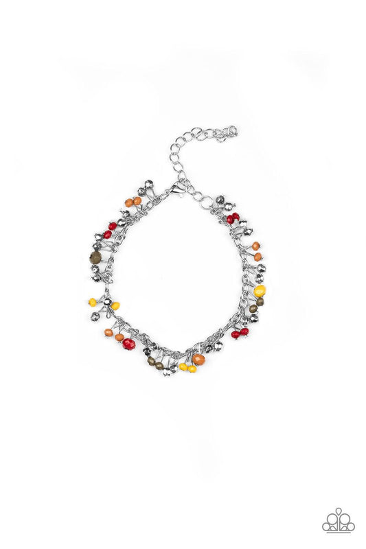 Paparazzi Accessories Aquatic Adventure - Multi A variety of faceted multicolored beads swing from a shimmery silver chain, creating a flirtatious fringe around the wrist. Faceted silver beads trickle between the colorful beads, adding a hint of shimmer t