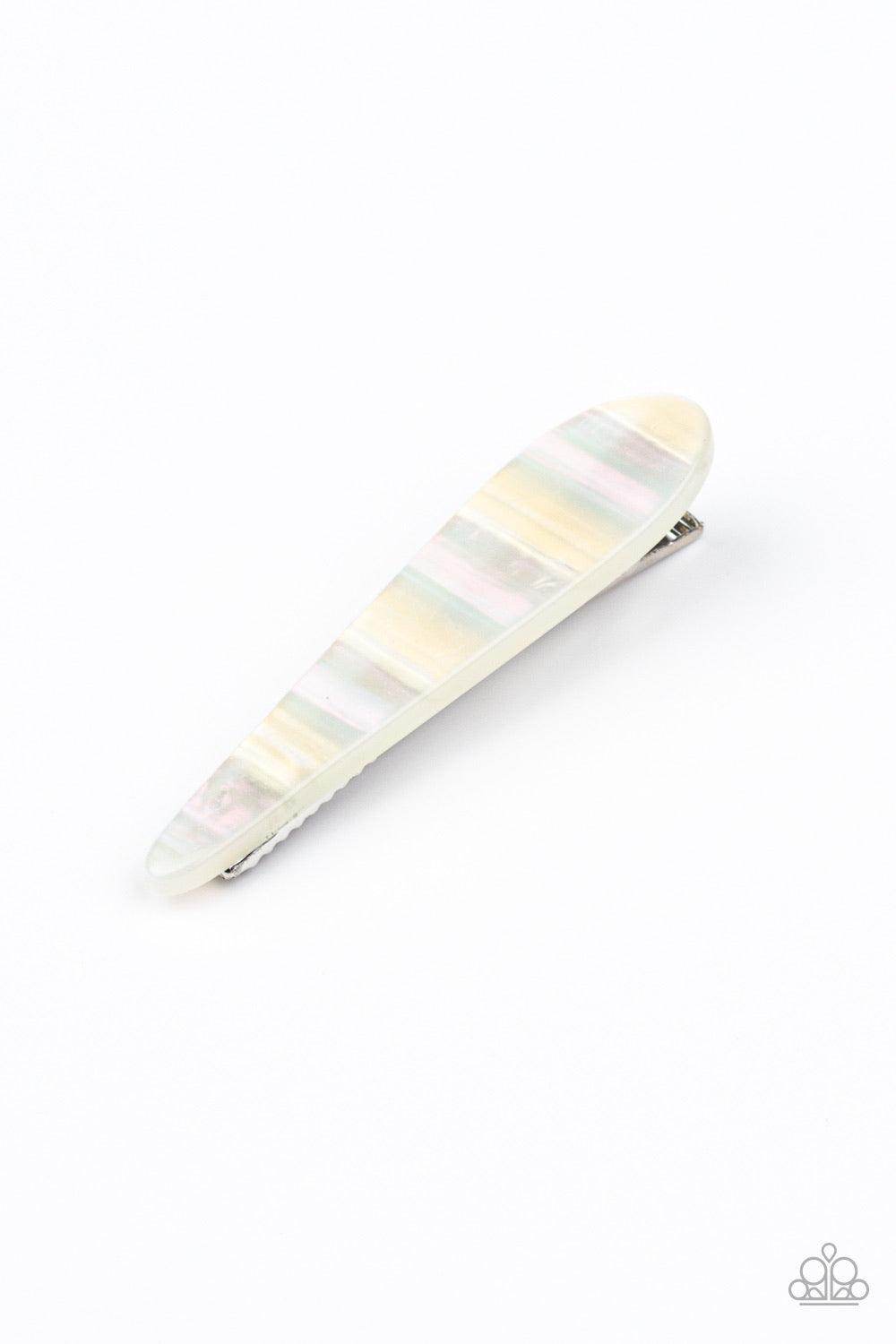 Paparazzi Accessories Stellar She’ll - Multi Featuring a rainbow iridescence, a white shell-like frame attaches to a simple clip for a summery look. Features a standard hair clip. Hair Accessories