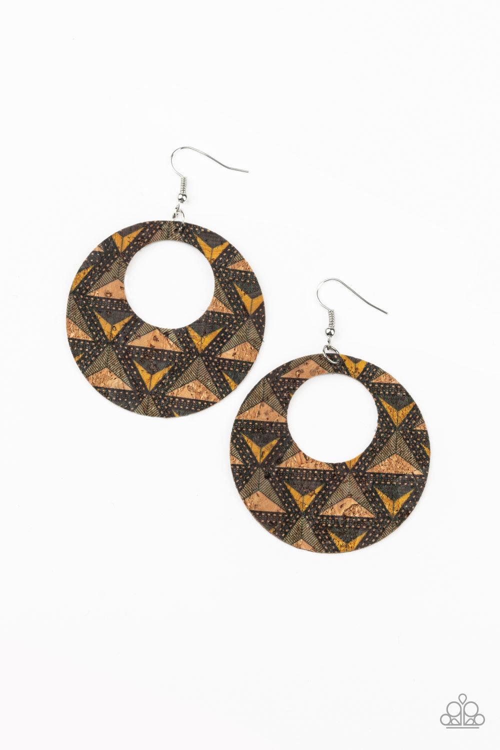 Paparazzi Accessories Put A Cork In It - Multi Featuring colorful geometric detail, a cork-like hoop swings from the ear for a seasonal look. Earring attaches to a standard fishhook fitting. Jewelry
