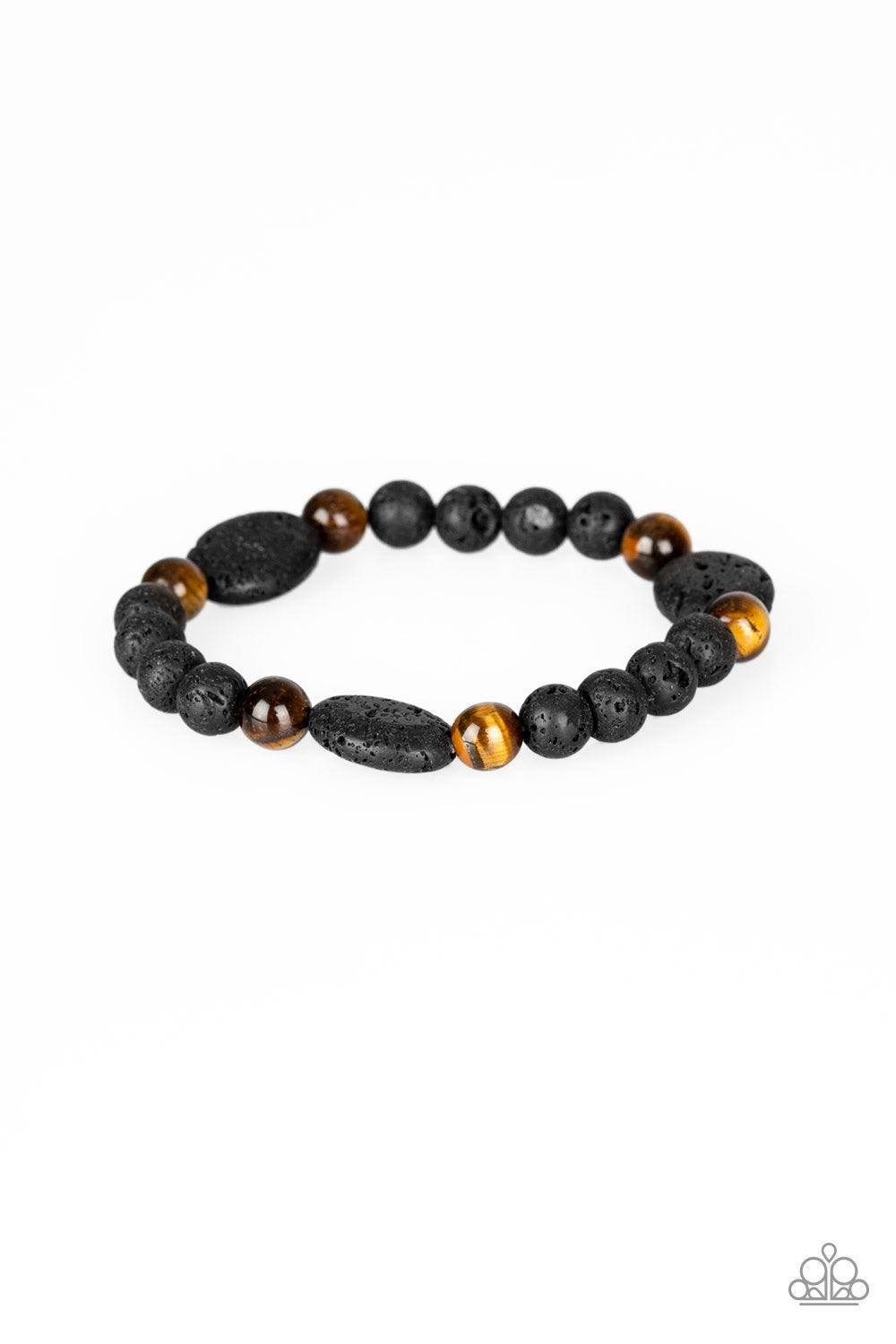 Paparazzi Accessories A Hundred And Zen Percent - Brown A collection of black lava rocks and earthy Tiger's Eye stone beads are threaded along a stretchy band around the wrist for a seasonal look. Jewelry