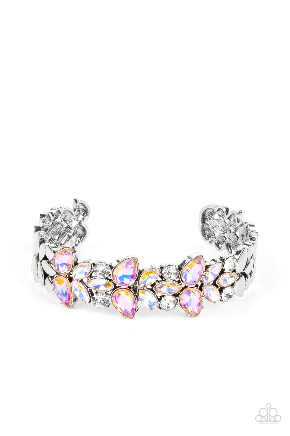 Paparazzi Accessories Glacial Gleam - Orange Iridescent coral teardrop and iridescent peach marquise gems converge with classic white rhinestones to create a subtle floral motif across the front of a silver cuff. The prismatic accents add an air of myster