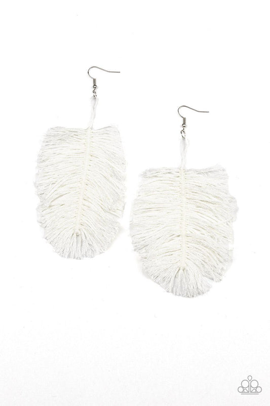 Paparazzi Accessories Hanging By A Thread - White Featuring a refreshing white hue, a loop of thread gives way to a leafy white fringe, creating a statement-making texture. Earring attaches to a standard fishhook fitting. Sold as one pair of earrin Jewelr