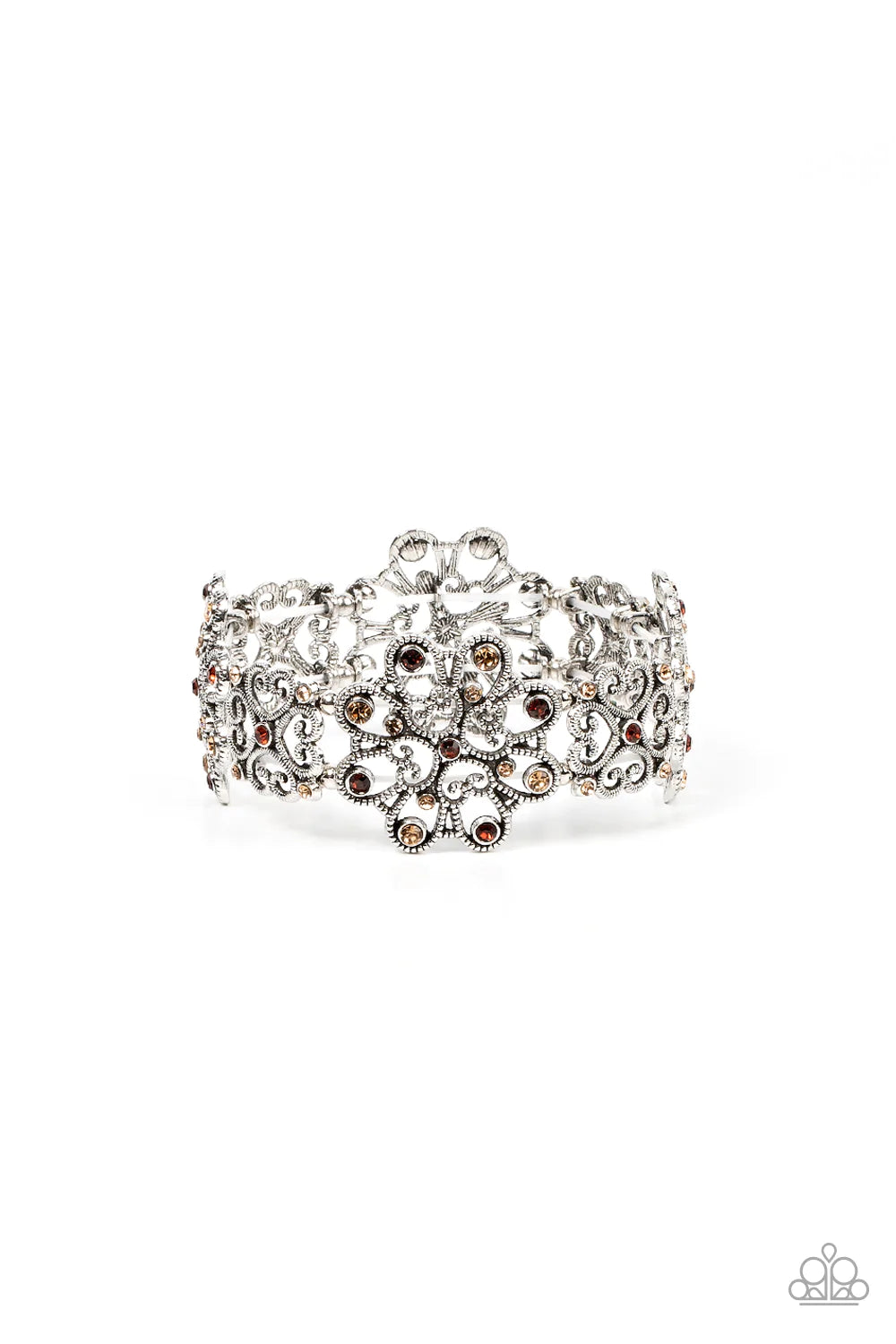 Paparazzi Accessories Regal Recognition - Brown Dainty topaz and golden topaz rhinestones scatter across the fronts of airy medallions fashioned from whimsical heart-shaped filigree. The splendid frames alternate along stretchy bands resulting in a regall