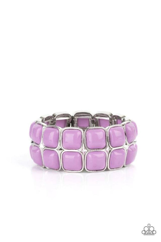 Paparazzi Accessories Double The DIVA-ttitude - Purple Stacks of cubed Amethyst Orchid beaded silver frames are threaded along a stretchy band around the wrist, creating a bubbly pop of color. Jewelry