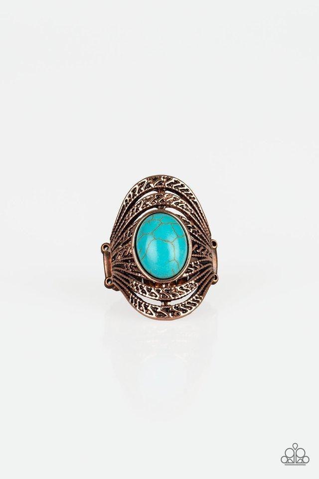 Paparazzi Accessories Royal Roamer - Copper A refreshing turquoise stone is pressed into the center of layered copper bands radiating with tribal inspired textures for a seasonal look. Features a stretchy band for a... Jewelry