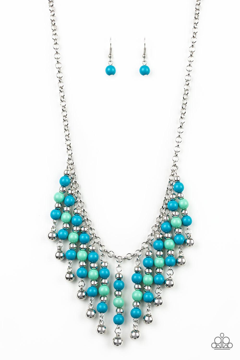 Paparazzi Accessories Your SUNDAE’S Best - Blue A collection of blue, green, and silver beads are threaded along metallic rods as they swing from the bottom of a shimmery silver chain, creating a flirtatious fringe below the collar. Features an adjustable