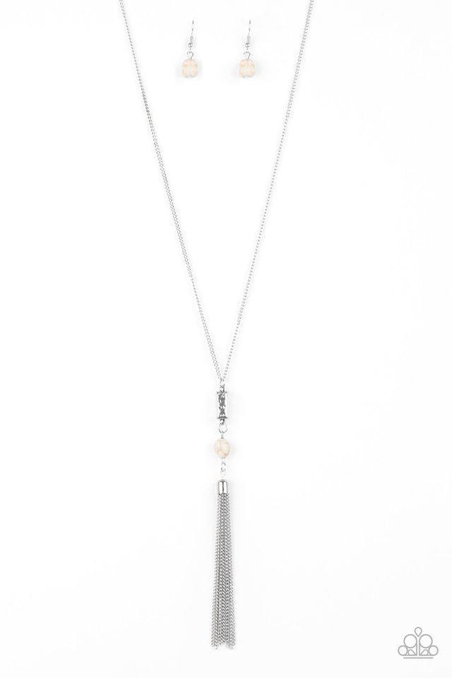 Paparazzi Accessories Wild Horse Wonder - White Infused with a lengthened silver chain, a shimmery silver tassel swings from the bottom of a stacked white stone and hammered silver frame for a seasonal look. Features an adjustable clasp closure. Jewelry