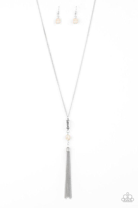 Paparazzi Accessories Wild Horse Wonder - White Infused with a lengthened silver chain, a shimmery silver tassel swings from the bottom of a stacked white stone and hammered silver frame for a seasonal look. Features an adjustable clasp closure. Jewelry