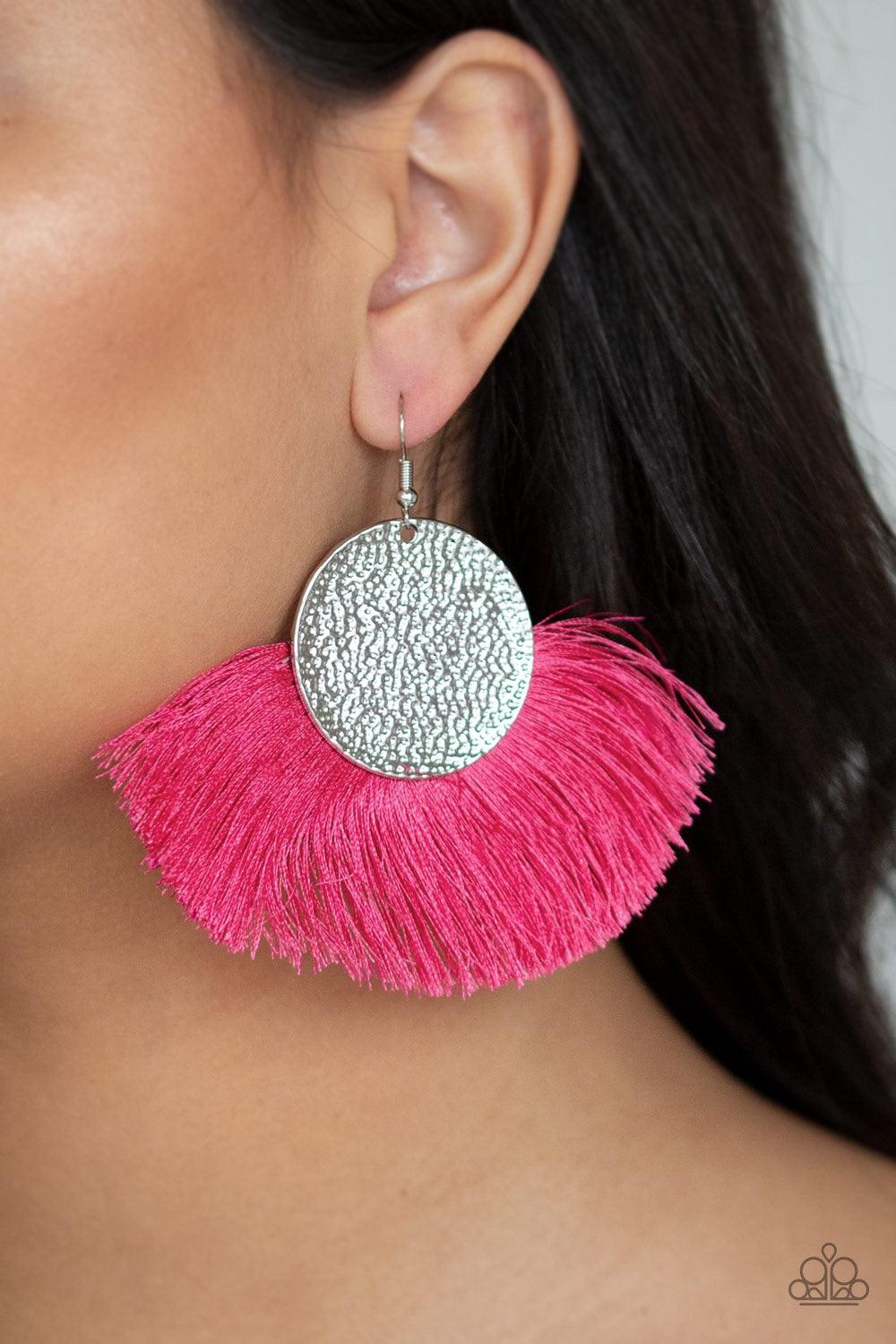 Paparazzi Accessories Foxtrot Fringe - Pink A fan of shiny pink thread flares out from the bottom of a hammered silver disc, creating a foxy fringe. Earring attaches to a standard fishhook fitting. Jewelry