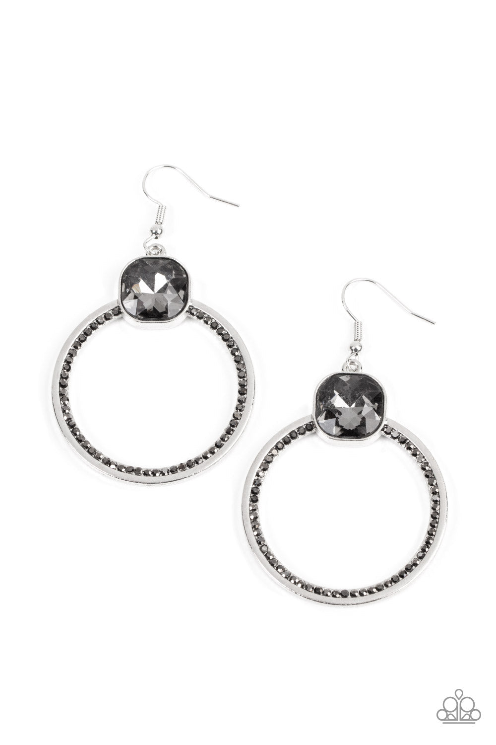 Paparazzi Accessories Cheers To Happily Ever After - Silver An oversized smoky gem sits atop a silver hoop with an inner ring encrusted in glitzy hematite rhinestones, resulting in a timeless twinkle. Earring attaches to a standard fishhook fitting. Sold