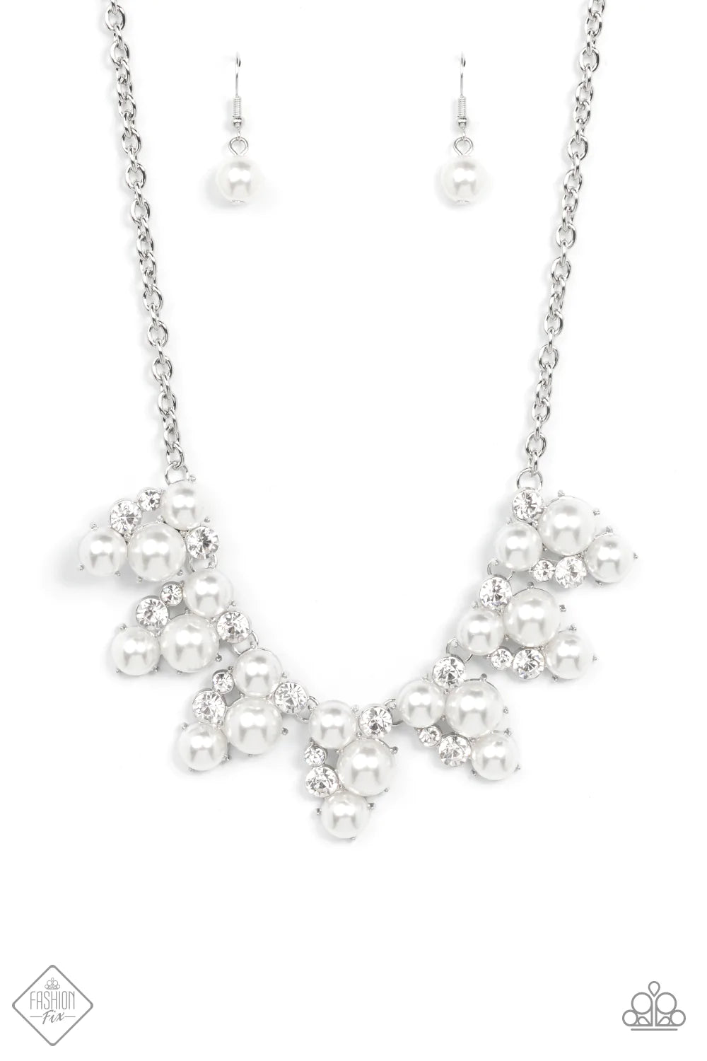 Paparazzi Accessories Renown Refinement - White Vivaciously bubbly pearls and glittering white rhinestones flawlessly meld into a row of abstract teardrop frames. The frames delicately connect to classic silver chains, forming a refined ensemble across th