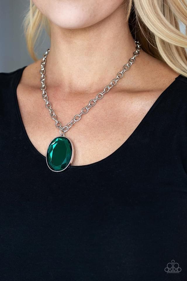 Paparazzi Accessories Light As HEIR - Green Featuring a sleek silver frame, an oversized oval gem swings below the collar for a dramatically glamorous look. Features an adjustable clasp closure. Jewelry