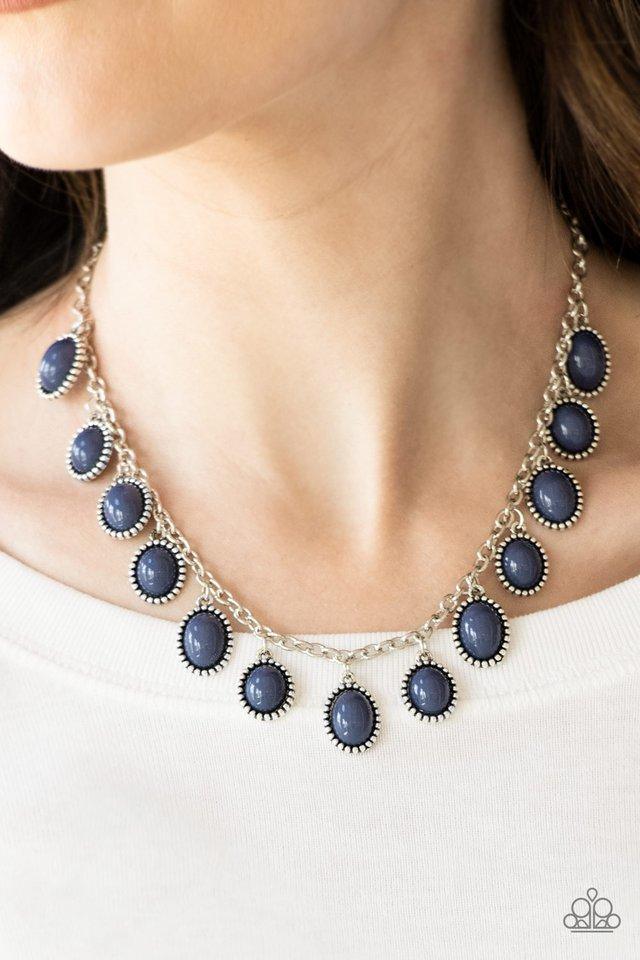 Paparazzi Accessories Make Some ROAM! - Blue Infused with studded silver frames, round and oval Sargasso Sea beads swing from a shimmery silver chain, creating a refreshing fringe below the collar. Features an adjustable clasp closure. Sold as one individ