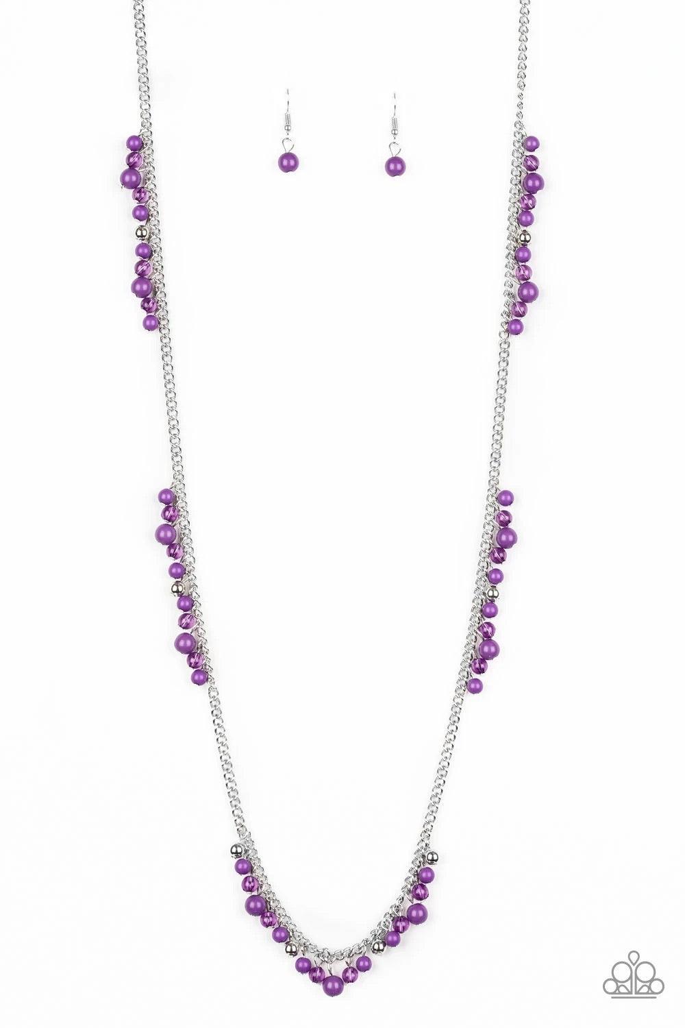 Paparazzi Accessories Miami Mojito - Purple Sections of shiny silver, polished purple, and glassy beads trickle along a shimmery silver chain along the chest for a flirtatious look. Features an adjustable clasp closure. Sold as one individual necklace. In