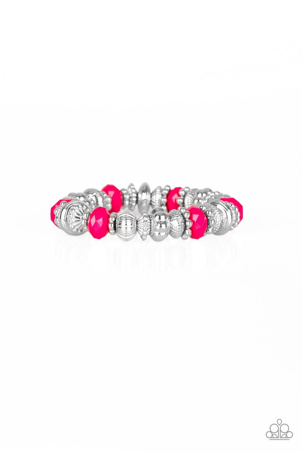 Paparazzi Accessories Live Life To The COLOR-fullest - Pink A collection of faceted pink beads, ornate silver beads, and studded silver rings are threaded along a stretchy band around the wrist for a colorfully refined look. Jewelry