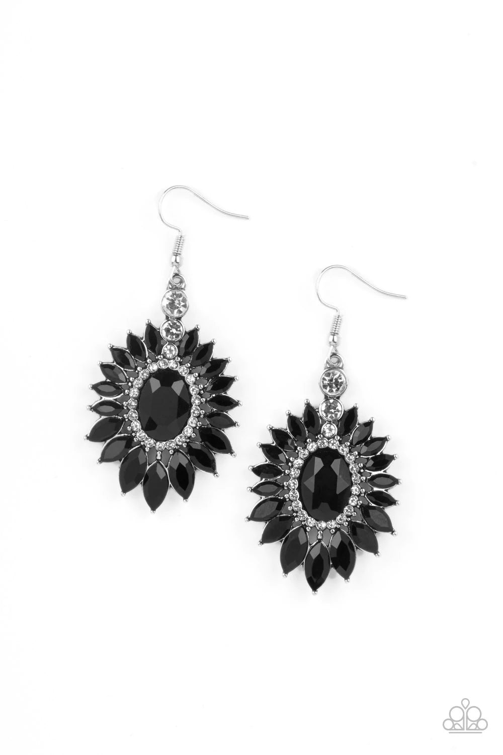 Paparazzi Accessories Big Time Twinkle - Black Glittery black marquise cut rhinestones fan out from a black oval gem center bordered in dainty white rhinestones, creating a sparkly floral frame. Earring attaches to a standard fishhook fitting. Jewelry