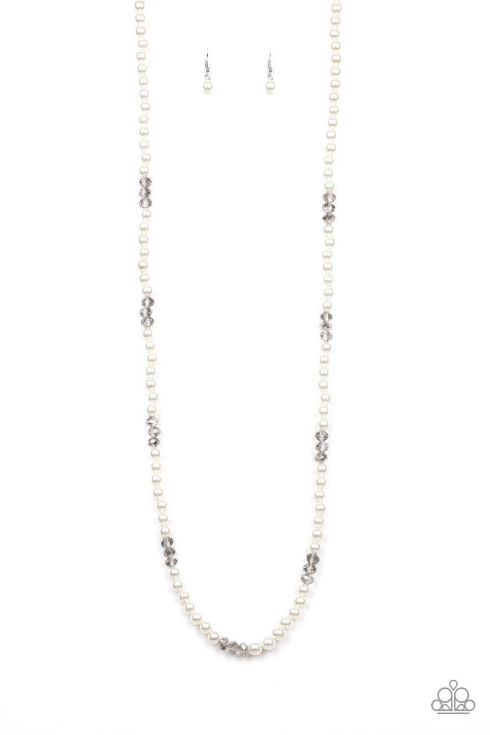 Paparazzi Accessories Girls Have More FUNDS - White Infused with sections of smoky crystal-like beads, a timeless collection of white pearls are threaded along an invisible wire across the chest for a refined flair. Features an adjustable clasp closure. S