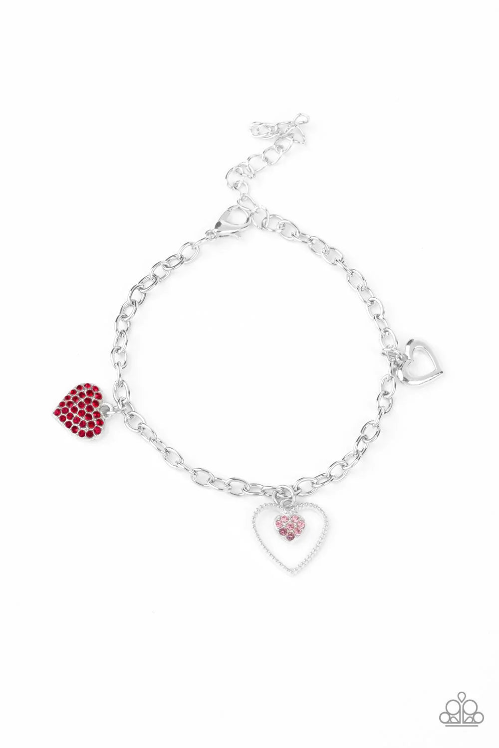 Paparazzi Accessories Hearts And Harps - Multi A charming collection of red hearts and white rhinestone encrusted heart frames dangle from a glistening silver chain, creating a flirtatious fringe around the wrist. Features an adjustable clasp closure. Bra