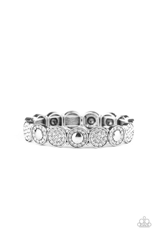 Paparazzi Accessories Glamour Garden - White Encrusted in dainty white rhinestones, mismatched silver frames are threaded along stretchy bands around the wrist for a sparkly look. Sold as one individual bracelet. Jewelry