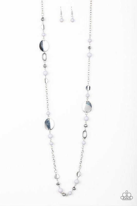 Paparazzi Accessories Serenely Springtime None - Silver An array of polished gray beads, silver discs, and ornate silver accents trickles along a shimmery silver chain for a whimsical look. Features an adjustable clasp closure. Sold as one individual neck