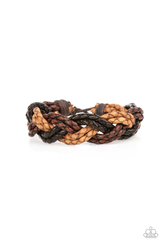 Paparazzi Accessories On Adventure Time - Brown Woven strands of tan, brown, and black leather decoratively braid around the wrist, resulting in a rugged centerpiece. Features an adjustable sliding knot closure. Sold as one individual bracelet. Bracelets