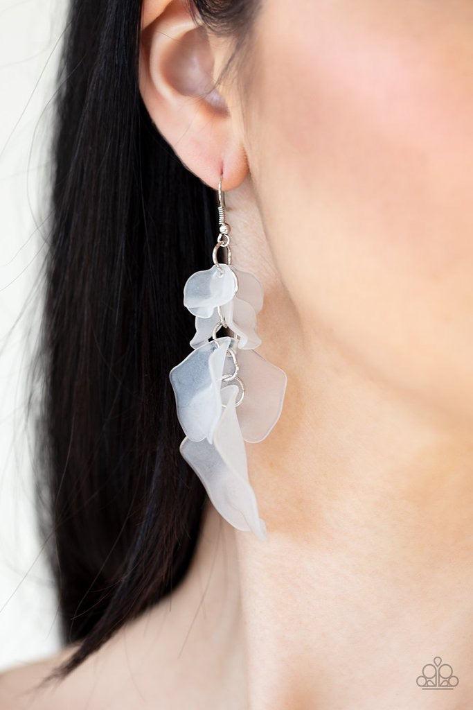 Paparazzi Accessories Fragile Floral - White Featuring a frosty white hue, glass-like acrylic petals cascade from the ear, coalescing into a whimsical lure. Earring attaches to a standard fishhook fitting. Jewelry