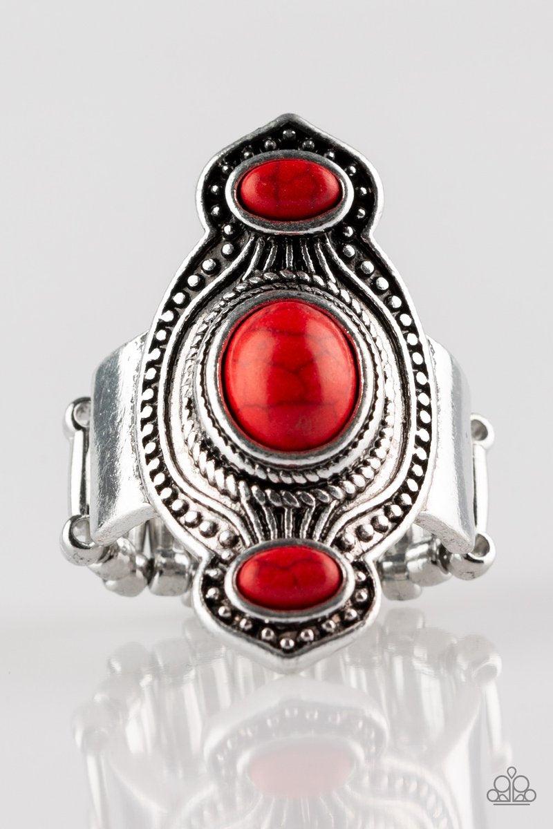 Paparazzi Accessories Dune Drifter - Red Three fiery red stones are pressed into an abstract silver frame radiating with texture and studded details for a seasonal look. Features a stretchy band for a flexible fit. Jewelry