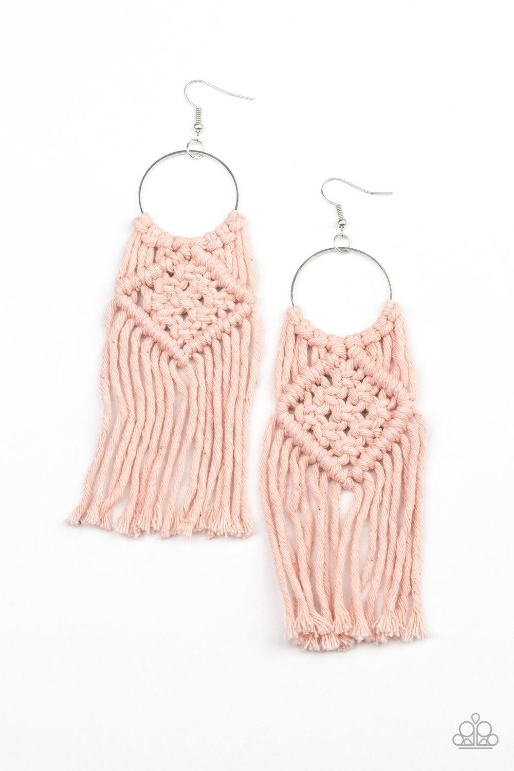 Paparazzi Accessories Macrame Rainbow - Pink Soft pink cording knots around the bottom of a dainty silver hoop, weaving into a colorful macrame fringe. Earring attaches to a standard fishhook fitting. Jewelry