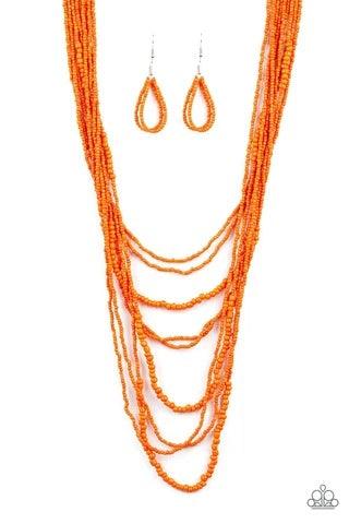 Paparazzi Accessories Totally Tonga - Orange Varying in size, row after row of vivacious orange seed beads cascade down the chest, creating summery layers. Features an adjustable clasp closure.Sold as one individual necklace. Includes one pair of matching