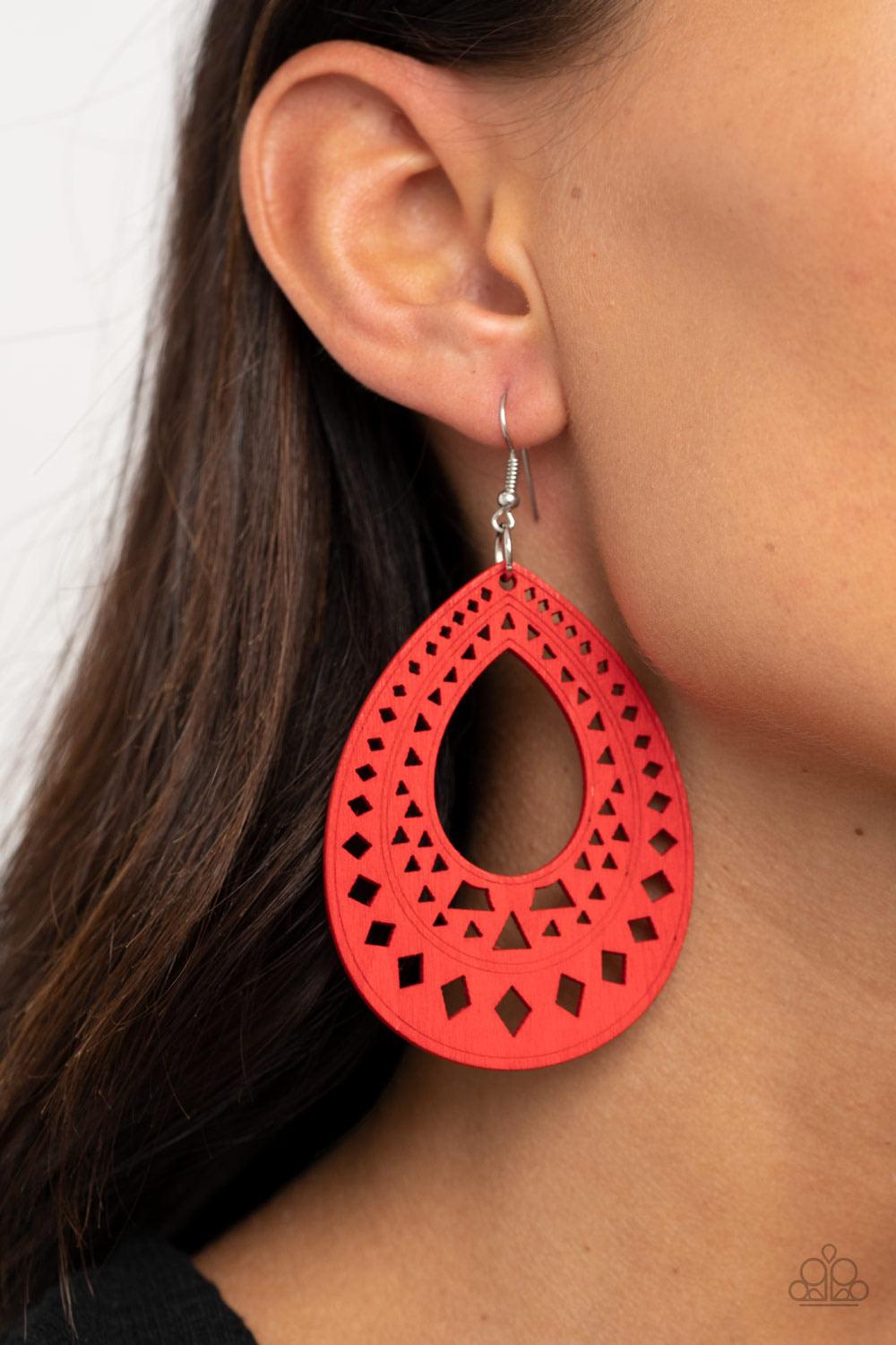 Paparazzi Accessories Belize Beauty - Red Painted in a fiery red finish, a wooden teardrop has been cut into a diamond and triangular stencil pattern for a tribal inspired flair. Earring attaches to a standard fishhook fitting. Sold as one pair of earring