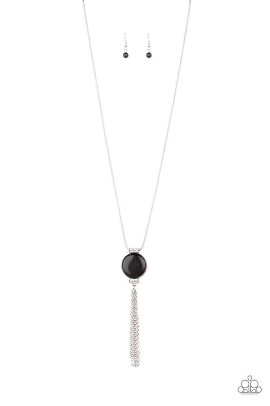 Paparazzi Accessories Happy As Can BEAM - Black Infused with white rhinestone encrusted fittings, a glowing black cat's eye pendant swings from the bottom of a rounded silver mesh chain for a whimsical look. Features an adjustable clasp closure. Sold as o