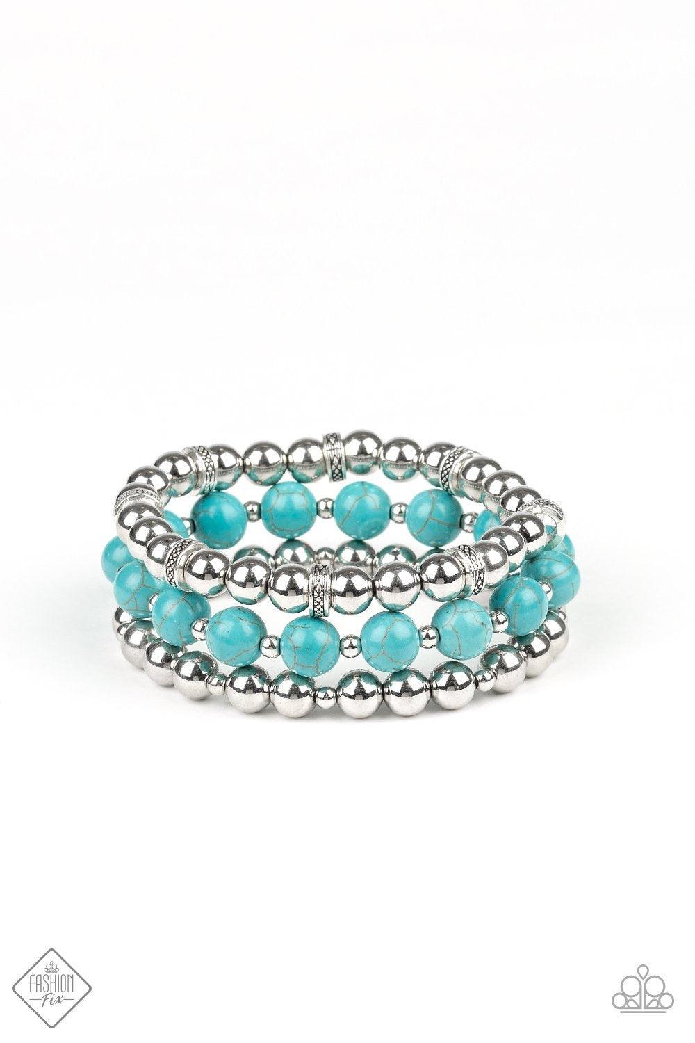 Paparazzi Accessories Sandstone Serendipity - Blue A collection of smooth turquoise stones and shiny silver beads are threaded along stretchy bands, creating earthy layers that adorn the wrist. Sold as one set of three bracelets. Jewelry