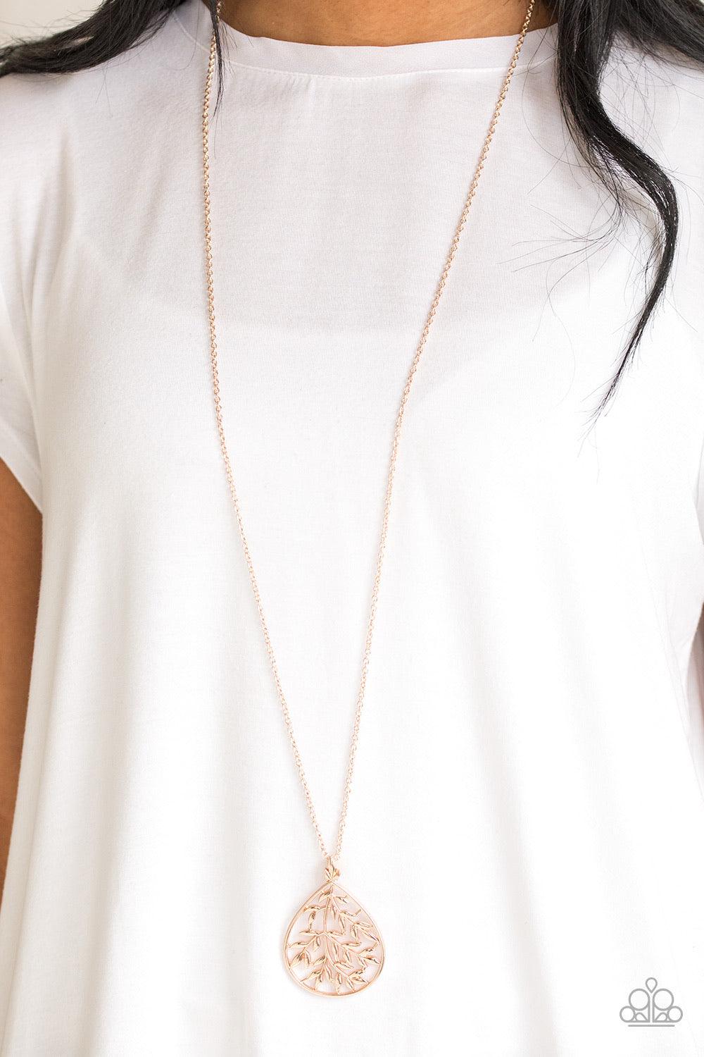 Paparazzi Accessories BOUGH Down - Rose Gold Leafy rose gold branches fan out across a glistening rose gold teardrop frame, creating a whimsical pendant at the bottom of a lengthened rose gold chain. Features an adjustable clasp closure. Jewelry