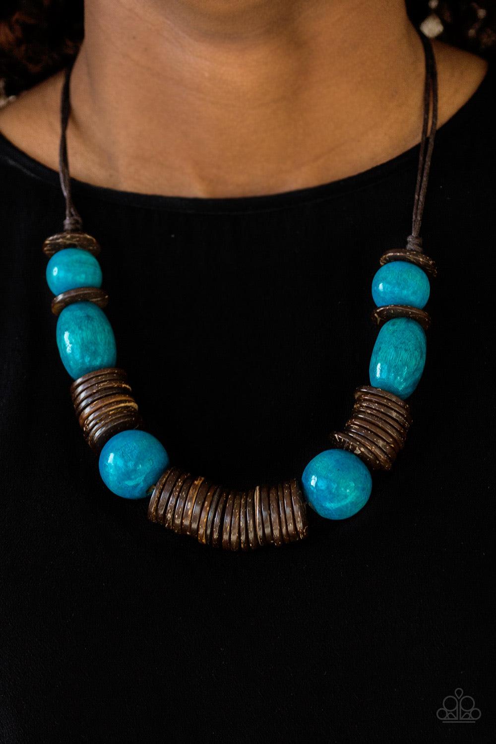 Paparazzi Accessories You Better BELIZE It ~Blue Brushed in a vibrant finish, refreshing blue wooden beads and brown wooden discs are threaded along shiny brown cording for a summery look. Features an adjustable sliding knot closure.