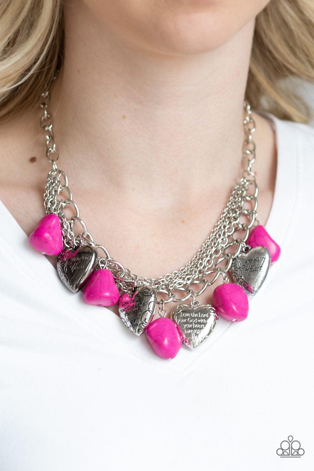 Paparazzi Accessories Change of Heart - Pink Pink faux rocks alternate with heart charms along a chunky silver chain. Hearts are inscribed with the phrase "With All My Heart" on one side and a short bible verse on the other that reads, "Love the Lord thy