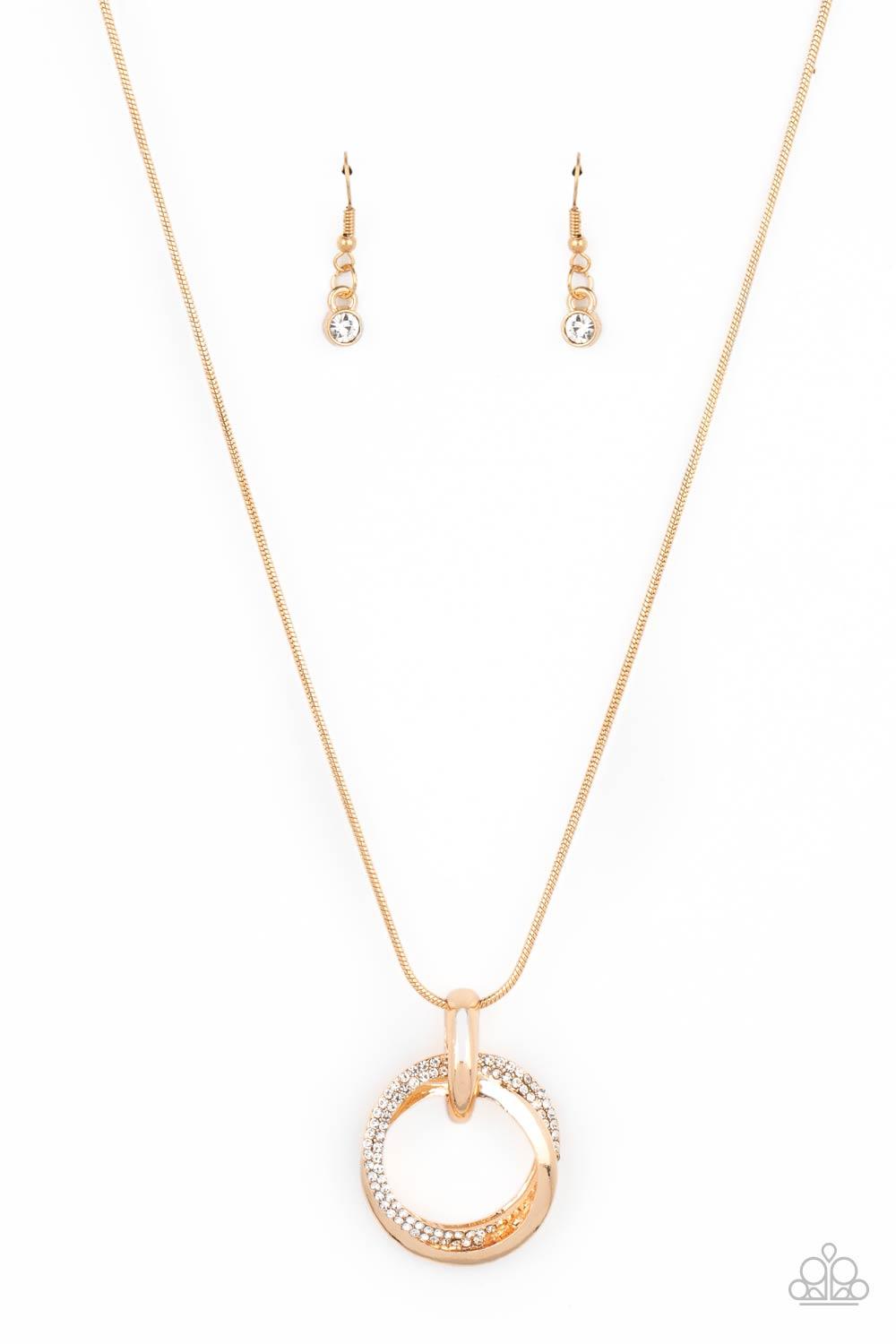 Paparazzi Accessories Sphere of Influence - Gold A solid gold ring entwines with a brilliant white rhinestone encrusted ring. The pair of rings rest in a gold hoop on a short round gold chain. Features an adjustable clasp closure. Sold as one individual n