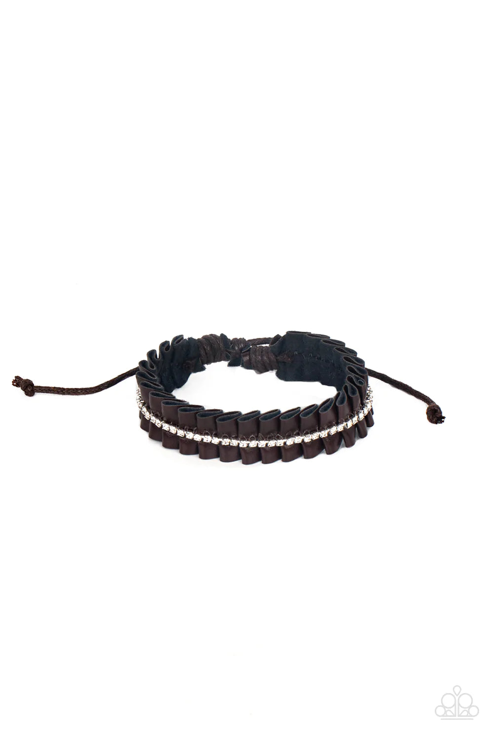 Paparazzi Accessories Pretty, Pretty PLEATS - Brown A brown leather ribbon delicately gathers into pleats around the wrist. A glittery strand of white rhinestones adorns the center of the pleats, adding a glitzy accent to the textured centerpiece. Feature