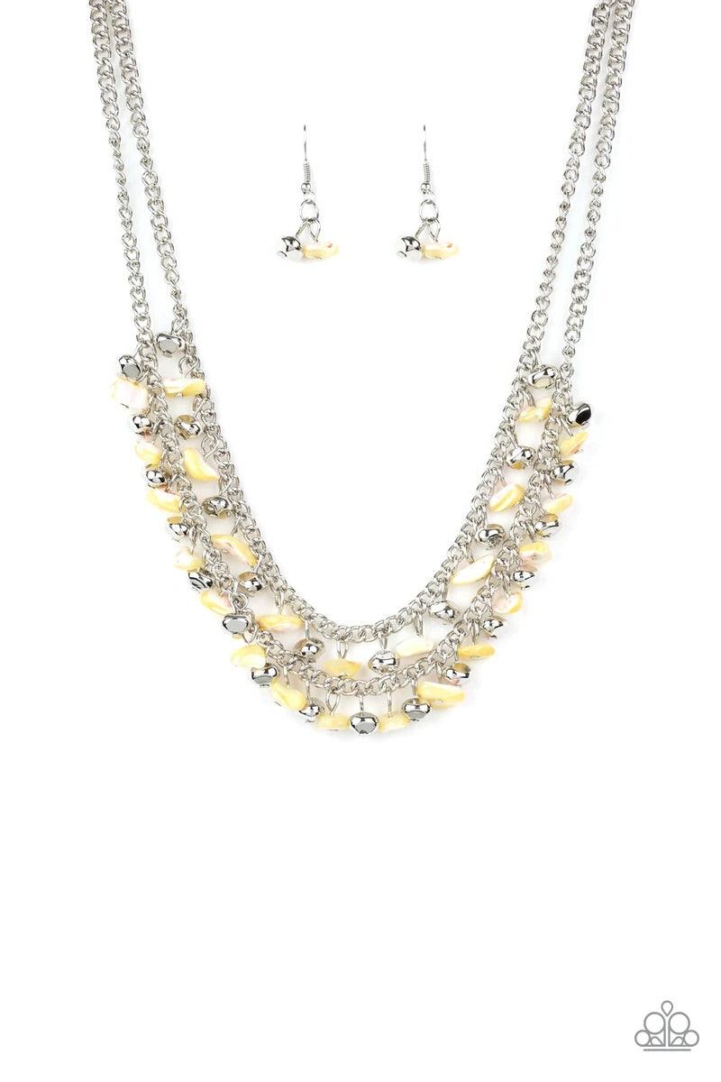 Paparazzi Accessories Pebble Pioneer - Yellow Two strands of iridescent yellow pebbles and faceted silver beads swing from the bottoms of two layered chains, creating a colorful fringe below the collar. Features an adjustable clasp closure. Sold as one in
