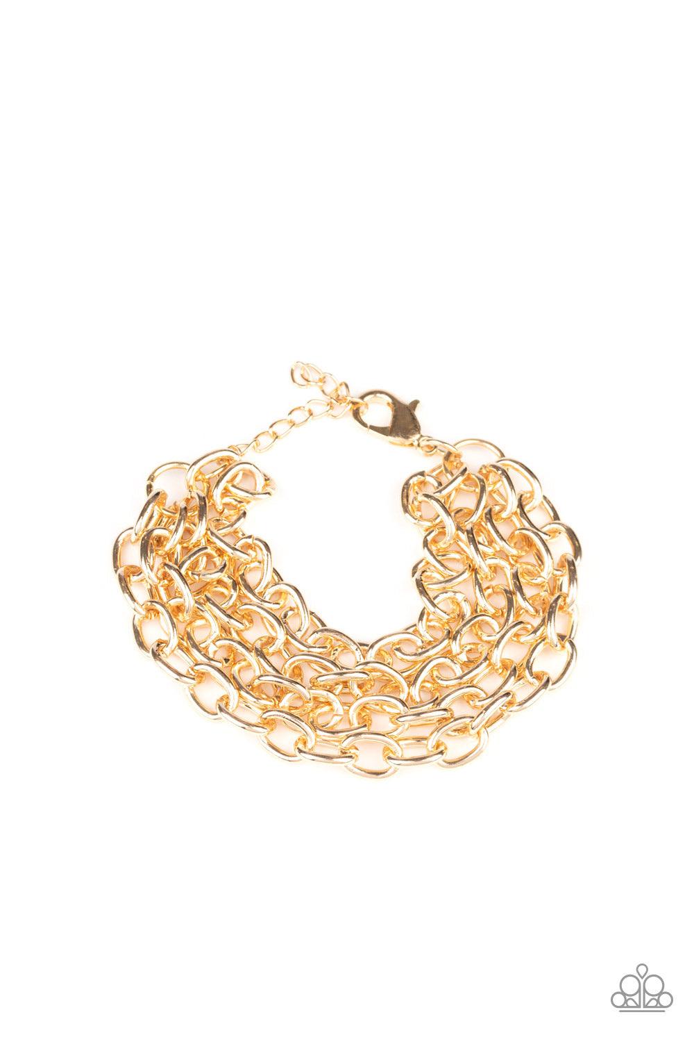 Paparazzi Accessories Fast Ball - Gold Four strands of bold gold chain layer across the wrist for an edgy look. Features an adjustable clasp closure. Jewelry