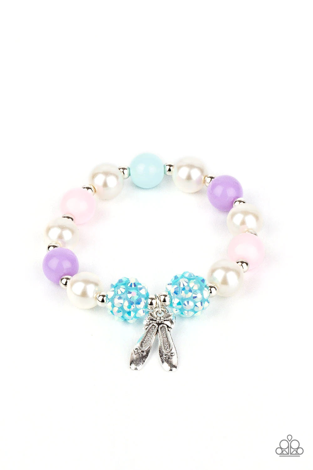 Paparazzi Accessories Starlet Shimmer Bracelets #22 Infused with dainty silver ballet slipper charms, the stretchy bracelets feature pearly, polished, and iridescent rhinestone studded beads that vary in shades of pink, purple, blue, green, and white. Jew