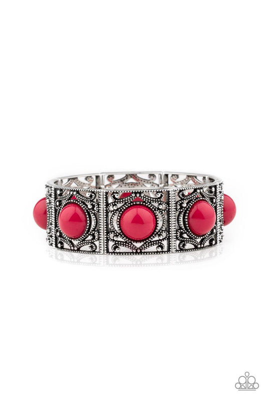 Paparazzi Accessories Victorian Dream - Pink Dotted with vivacious pink beads, shimmery silver filigree filled frames are threaded along a stretchy band around the wrist for a whimsical look. Sold as one individual bracelet. Jewelry