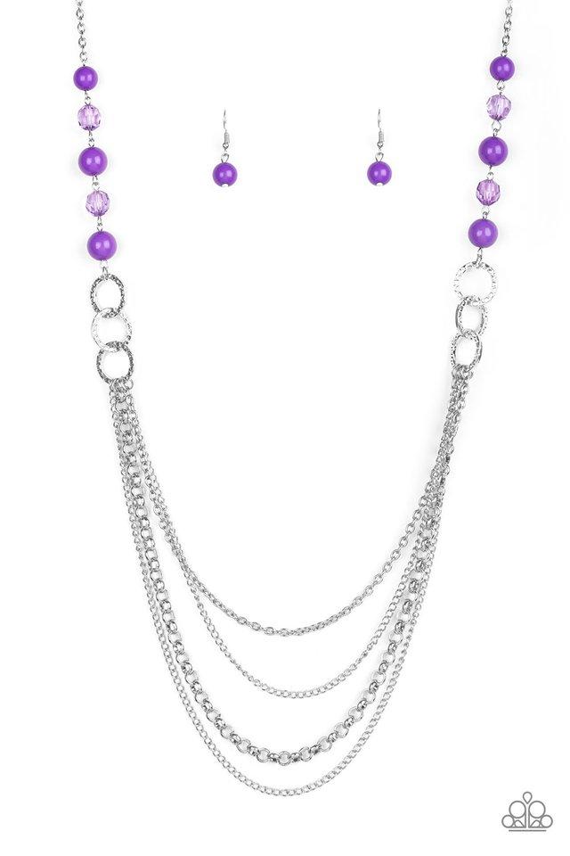 Paparazzi Accessories Vividly Vivid - Purple Polished purple, faceted crystal-like and delicately hammered silver hoops give way to mismatched silver chains down the chest for a whimsical look. Features an adjustable clasp closure. Sold as one individual