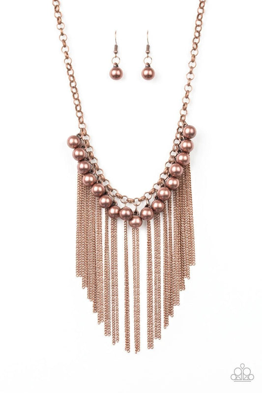 Paparazzi Accessories Powerhouse Prowl - Copper Glistening copper chains stream from the bottom of shimmery copper beads, creating an edgy industrial fringe below the collar. Features an adjustable clasp closure. Sold as one individual necklace. Includes