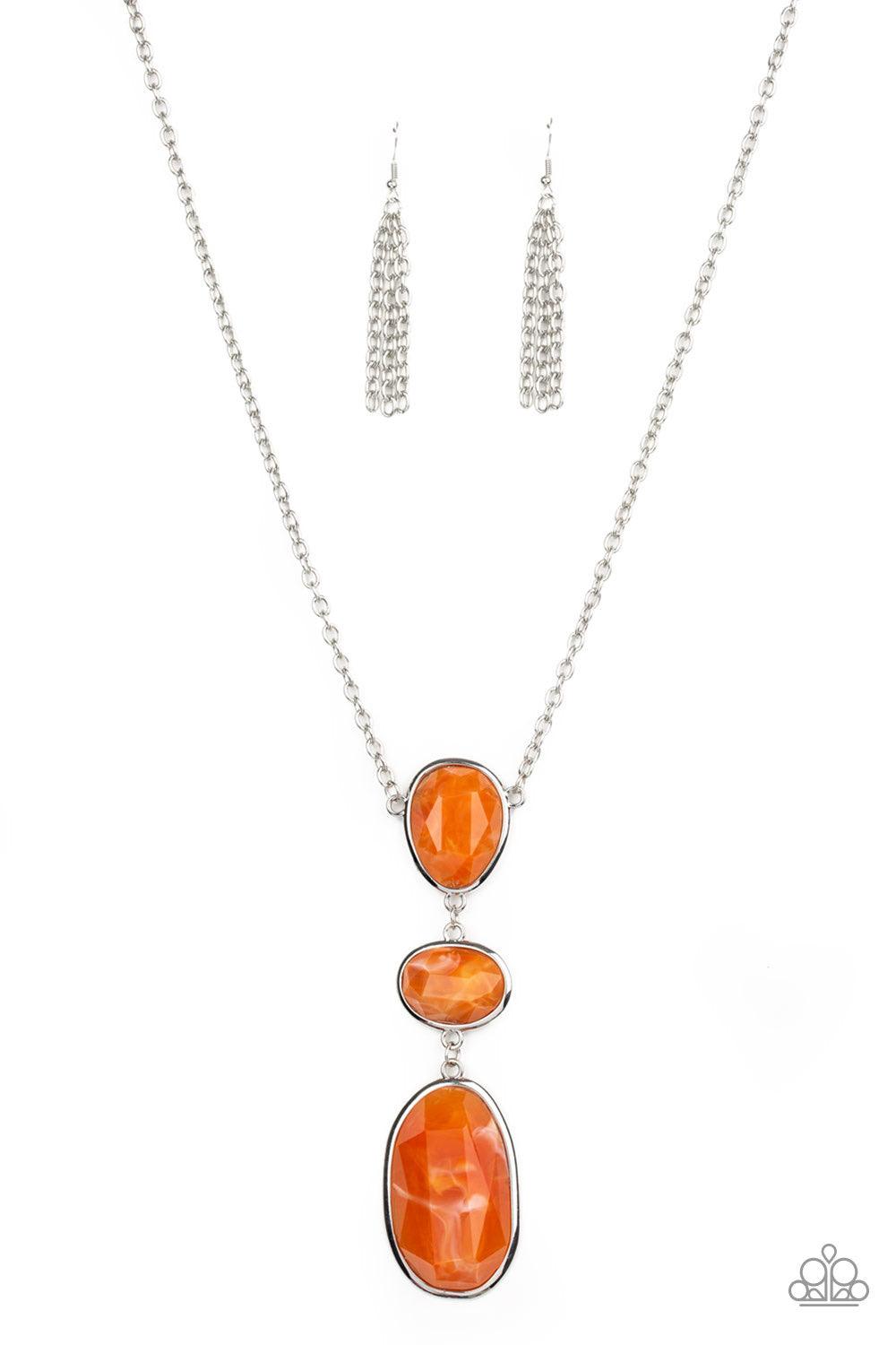Paparazzi Accessories Making An Impact - Orange Featuring a colorful marble-like finish, three mismatched Orange Tiger acrylic frames link down the chest for a dramatic effect. Features an adjustable clasp closure. Color may vary. Jewelry